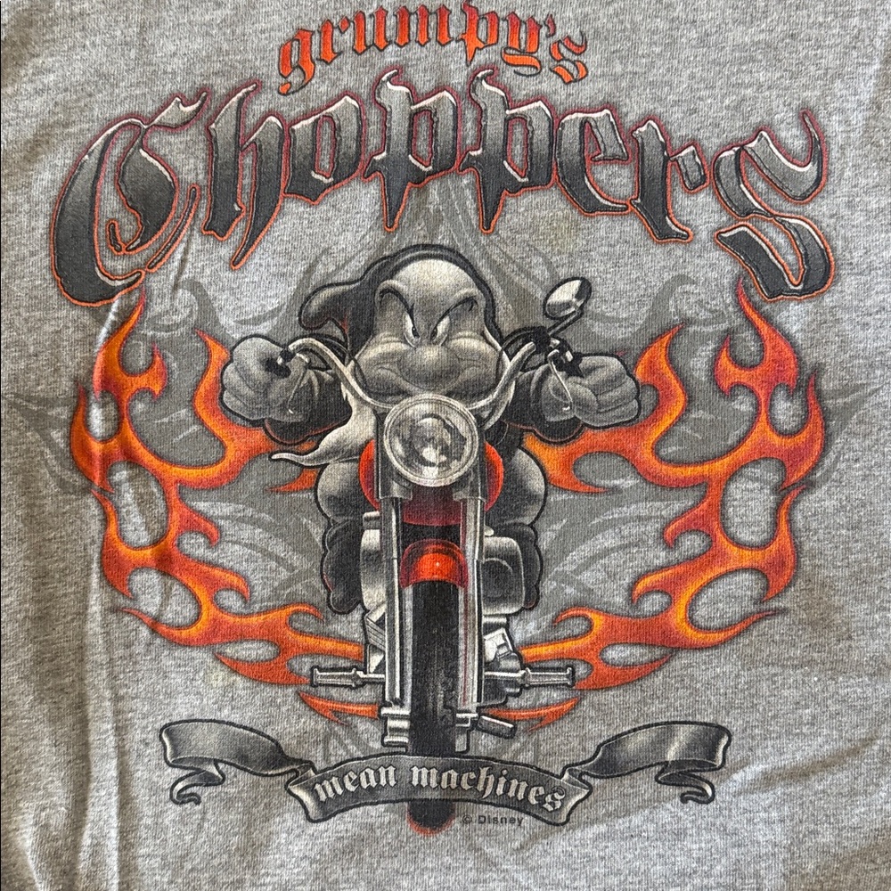 Vintage Disney gray Grumpy Choppers Flames Biker Motorcycle T Shirt